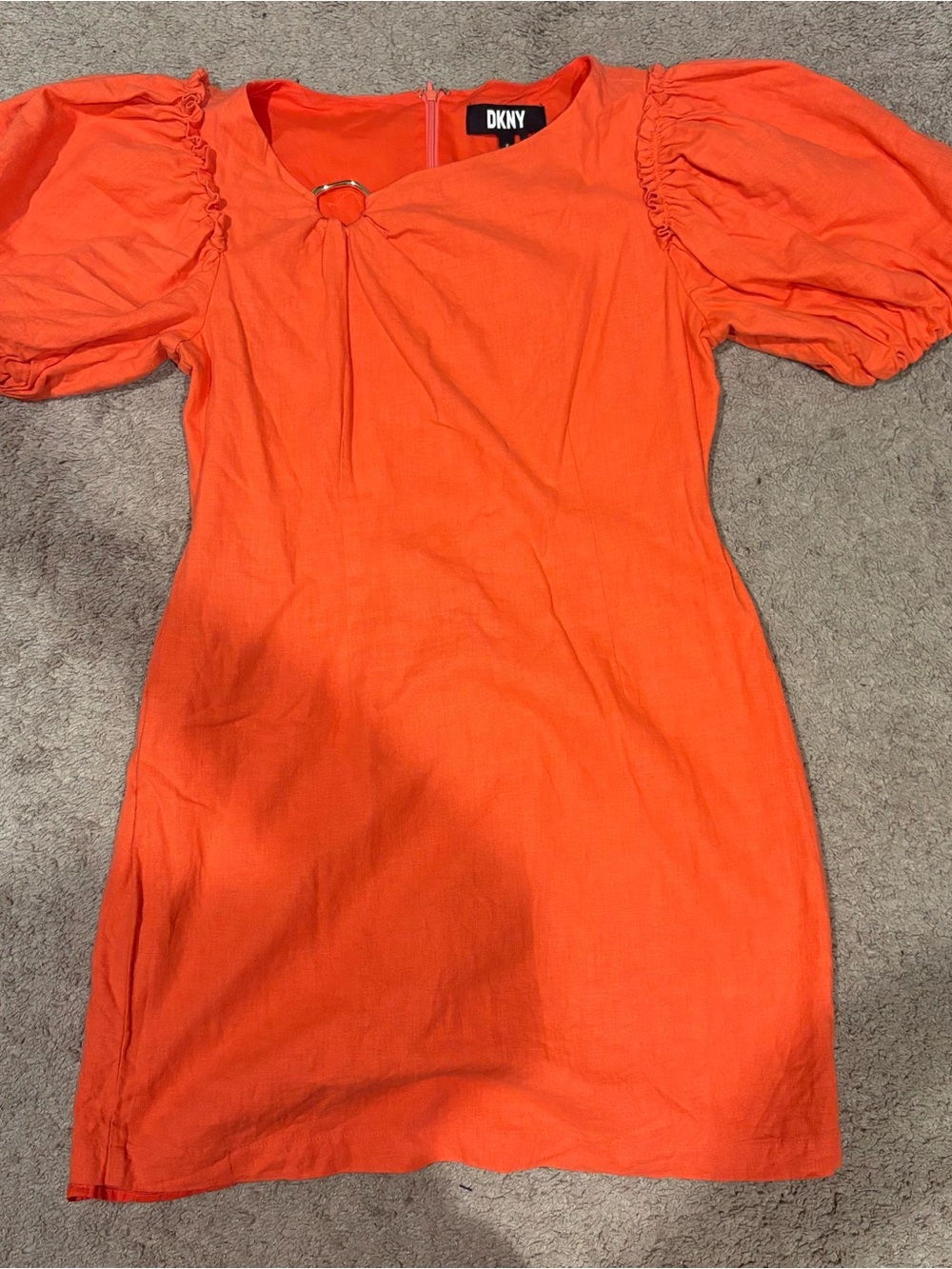 DKNY Bright Orange Puff-Sleeve Mini Dress with Ring Detail